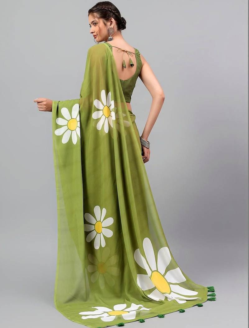 Olive pure georgette printed saree with blouse