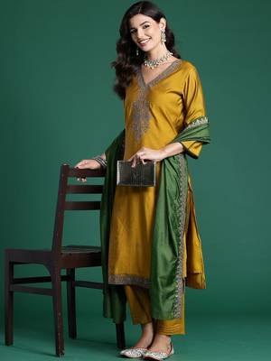 Women Ethnic Motifs Embroidered Regular Thread Work Kurta with Trousers & With Dupatta 1