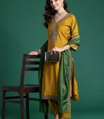 Women Ethnic Motifs Embroidered Regular Thread Work Kurta with Trousers & With Dupatta