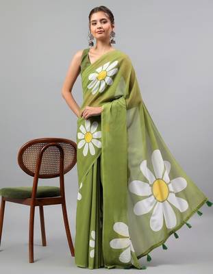 Olive pure georgette printed saree with blouse 5