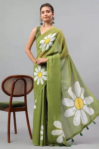 Olive pure georgette printed saree with blouse