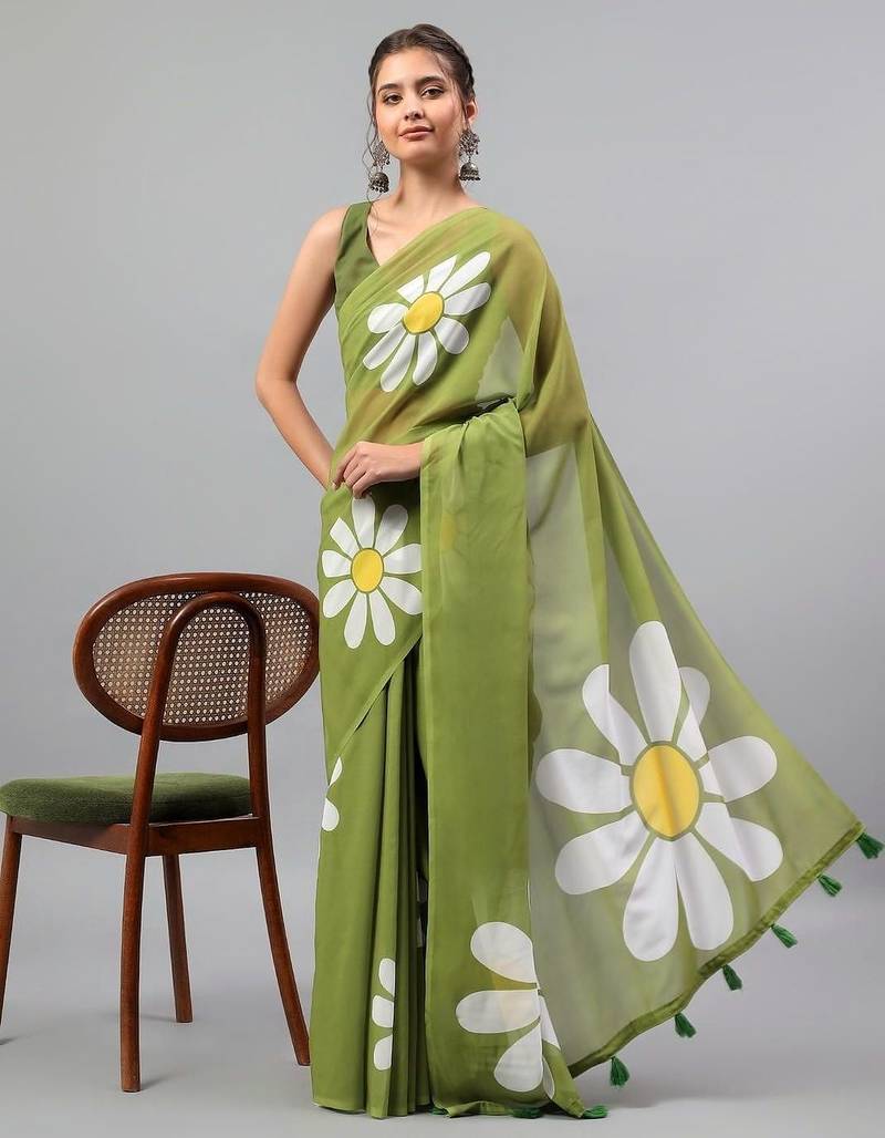 Olive pure georgette printed saree with blouse