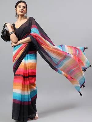 Black linen printed saree with blouse 1