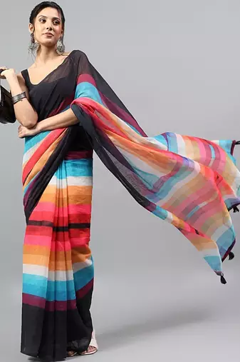 Black linen printed saree with blouse