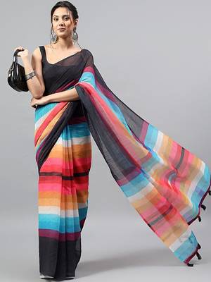 Black linen printed saree with blouse 2