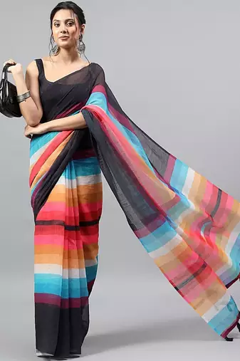 Black linen printed saree with blouse