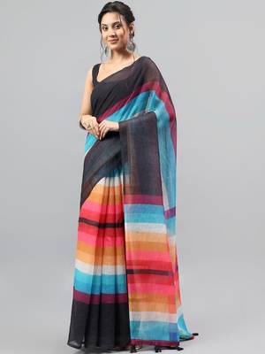Black linen printed saree with blouse 3