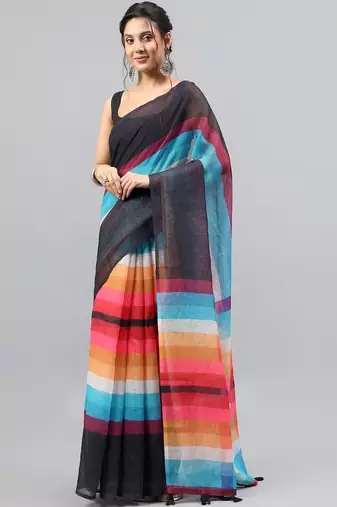 Black linen printed saree with blouse