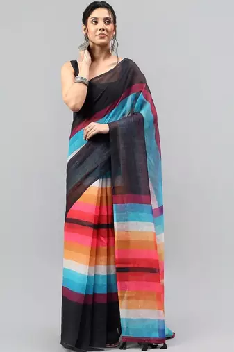 Black linen printed saree with blouse