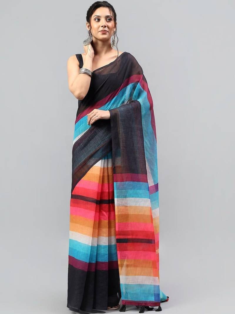 Black linen printed saree with blouse