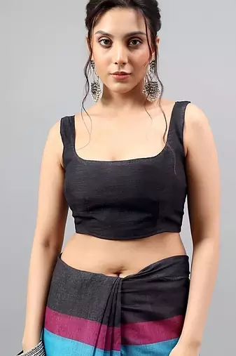 Black linen printed saree with blouse