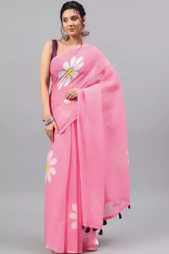 Pink linen printed saree with blouse