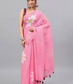 Pink linen printed saree with blouse