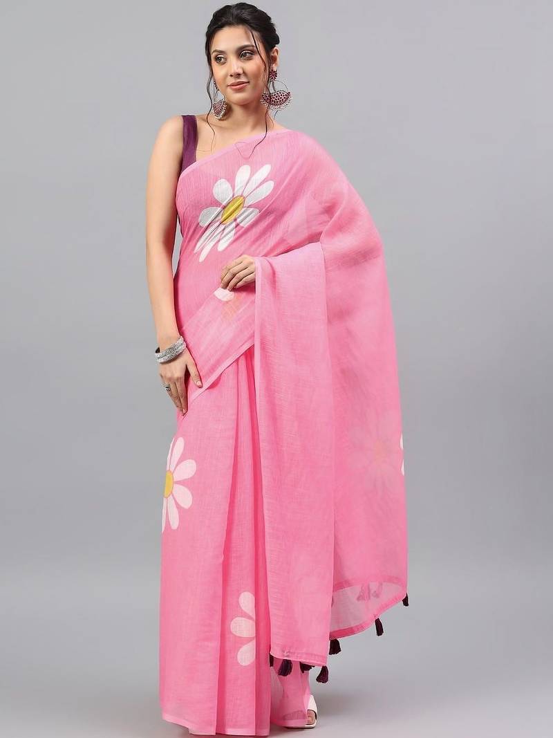 Pink linen printed saree with blouse