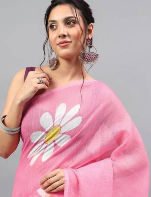 Pink linen printed saree with blouse 2