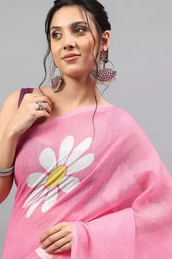 Pink linen printed saree with blouse
