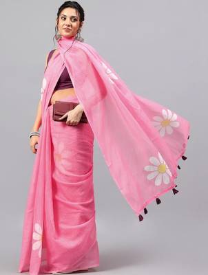Pink linen printed saree with blouse 3
