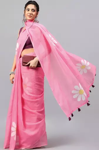 Pink linen printed saree with blouse