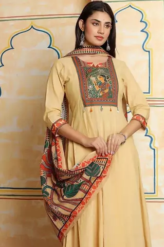 Women Ethnic Motifs Printed Tiered Pure Cotton Kurta with Trousers & With Dupatta