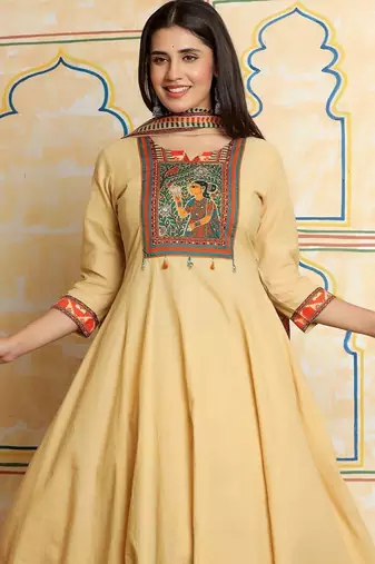 Women Ethnic Motifs Printed Tiered Pure Cotton Kurta with Trousers & With Dupatta