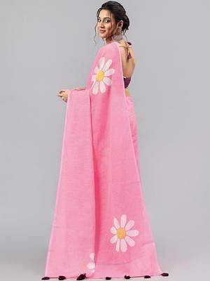 Pink linen printed saree with blouse 5
