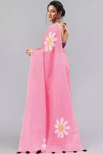 Pink linen printed saree with blouse