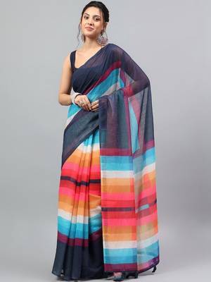Blue linen printed saree with blouse 1