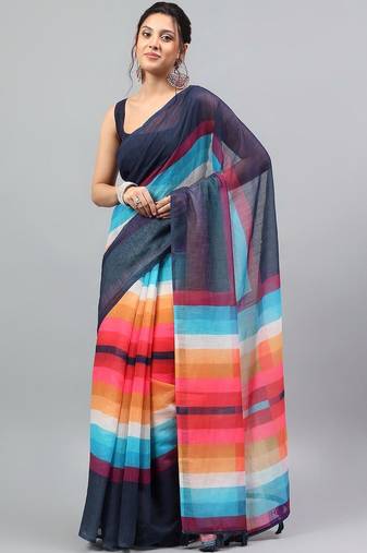 Blue linen printed saree with blouse