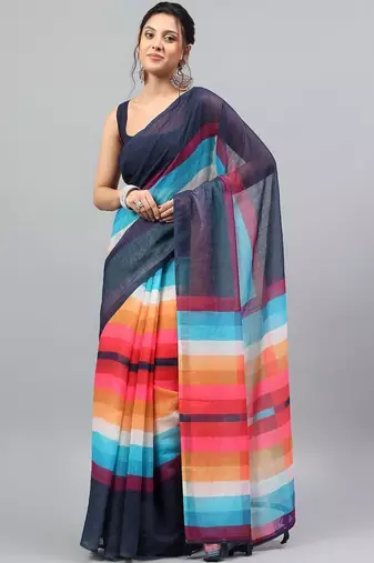 Blue linen printed saree with blouse