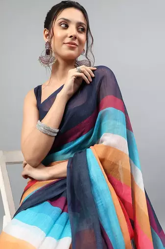 Blue linen printed saree with blouse