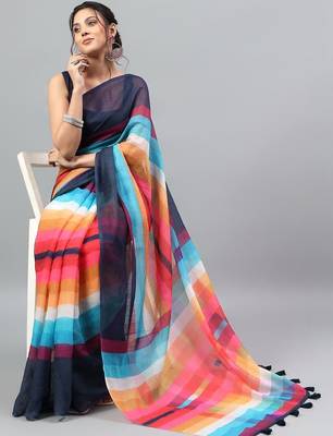 Blue linen printed saree with blouse 3