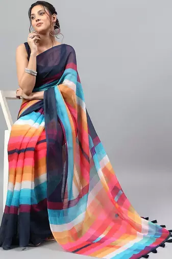 Blue linen printed saree with blouse