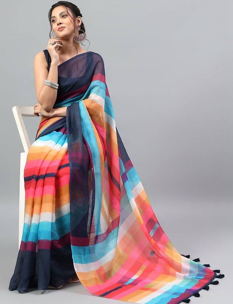 Blue linen printed saree with blouse