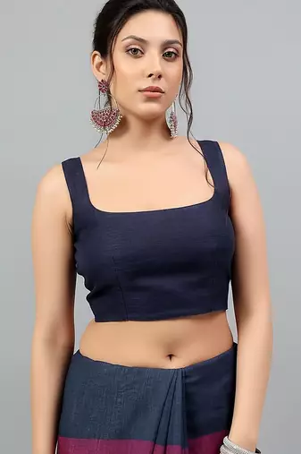 Blue linen printed saree with blouse