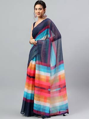 Blue linen printed saree with blouse 5
