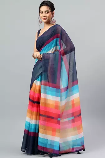 Blue linen printed saree with blouse