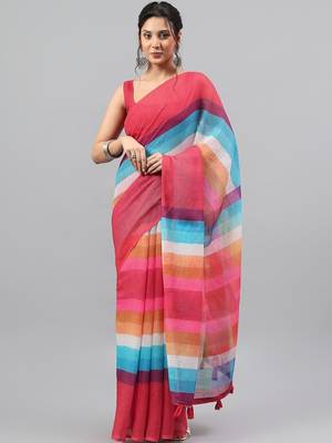 Red linen printed saree with blouse 1