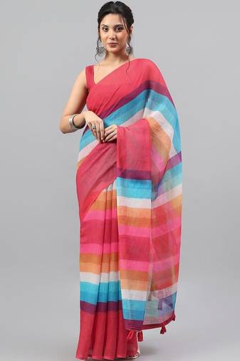 Red linen printed saree with blouse