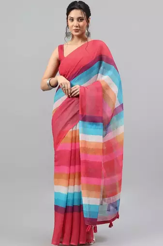Red linen printed saree with blouse