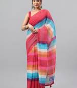 Red linen printed saree with blouse