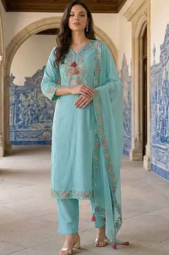 Women Floral Embroidered Regular Thread Work Pure Cotton Kurta with Trousers & With Dupatta