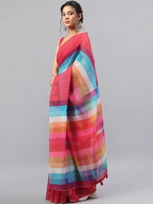 Red linen printed saree with blouse 2