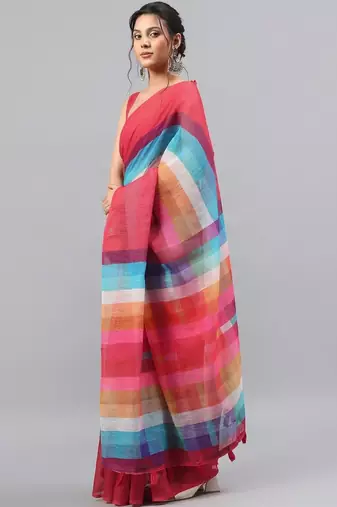 Red linen printed saree with blouse