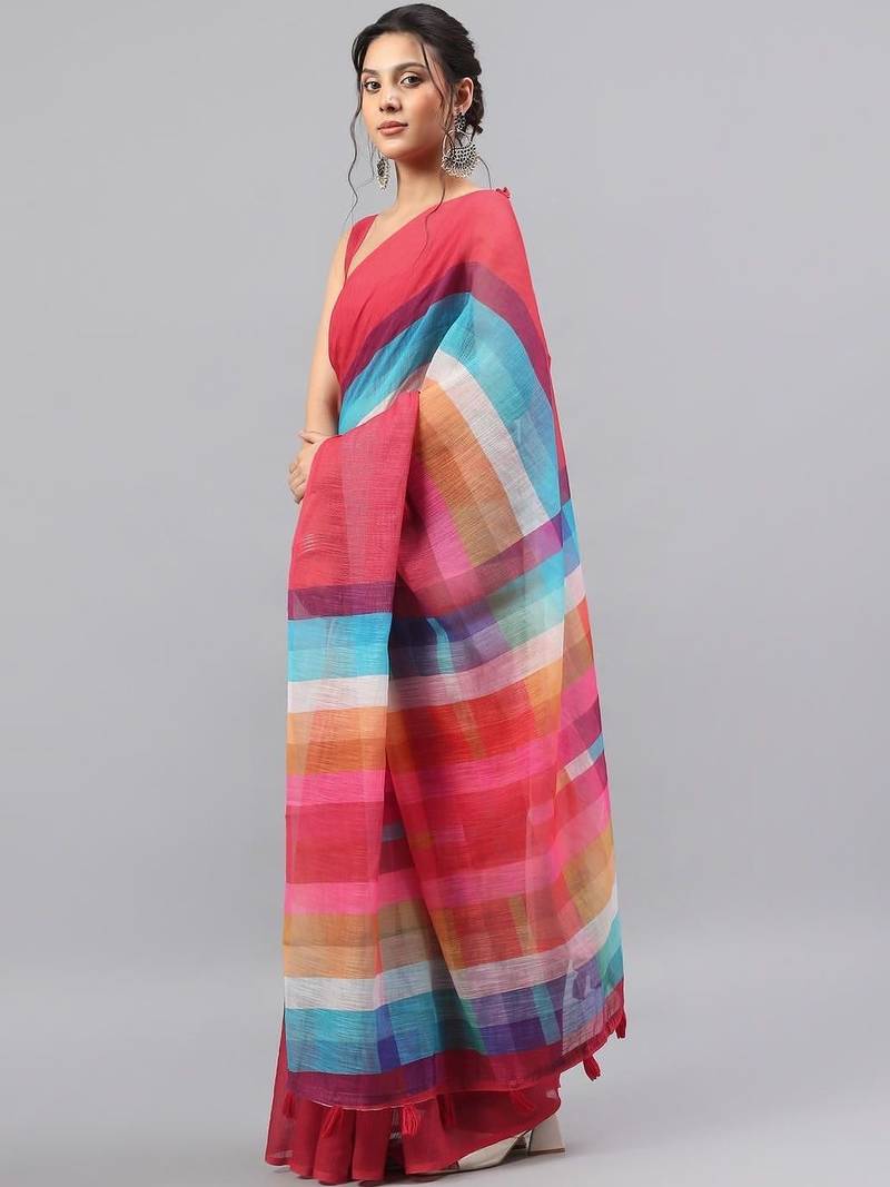 Red linen printed saree with blouse