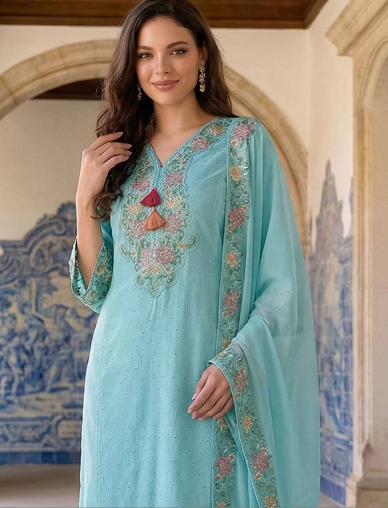 Women Floral Embroidered Regular Thread Work Pure Cotton Kurta with Trousers & With Dupatta