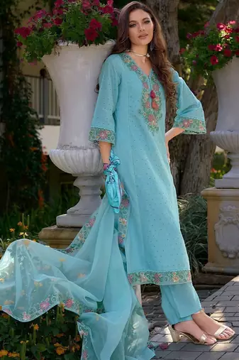 Women Floral Embroidered Regular Thread Work Pure Cotton Kurta with Trousers & With Dupatta