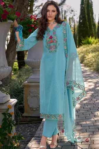 Women Floral Embroidered Regular Thread Work Pure Cotton Kurta with Trousers & With Dupatta