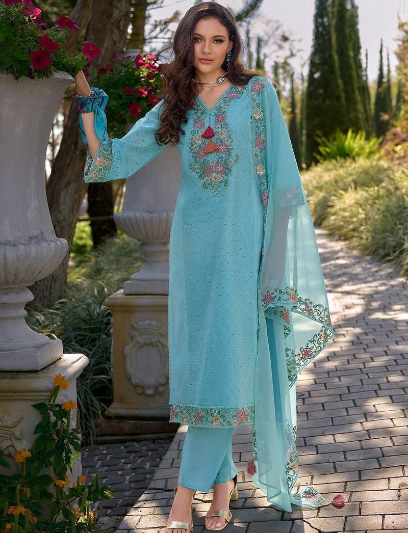 Women Floral Embroidered Regular Thread Work Pure Cotton Kurta with Trousers & With Dupatta