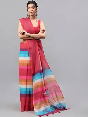 Red linen printed saree with blouse 3