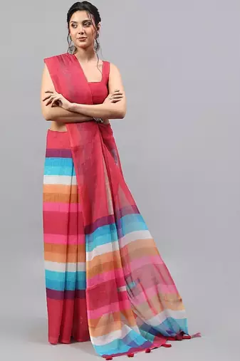 Red linen printed saree with blouse